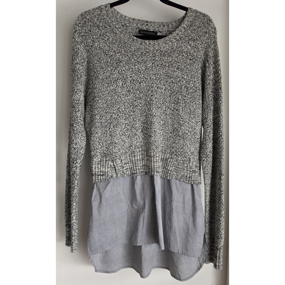 Banana Republic Sweater Women M Grey Black Marled Round Neck Pullover Classic